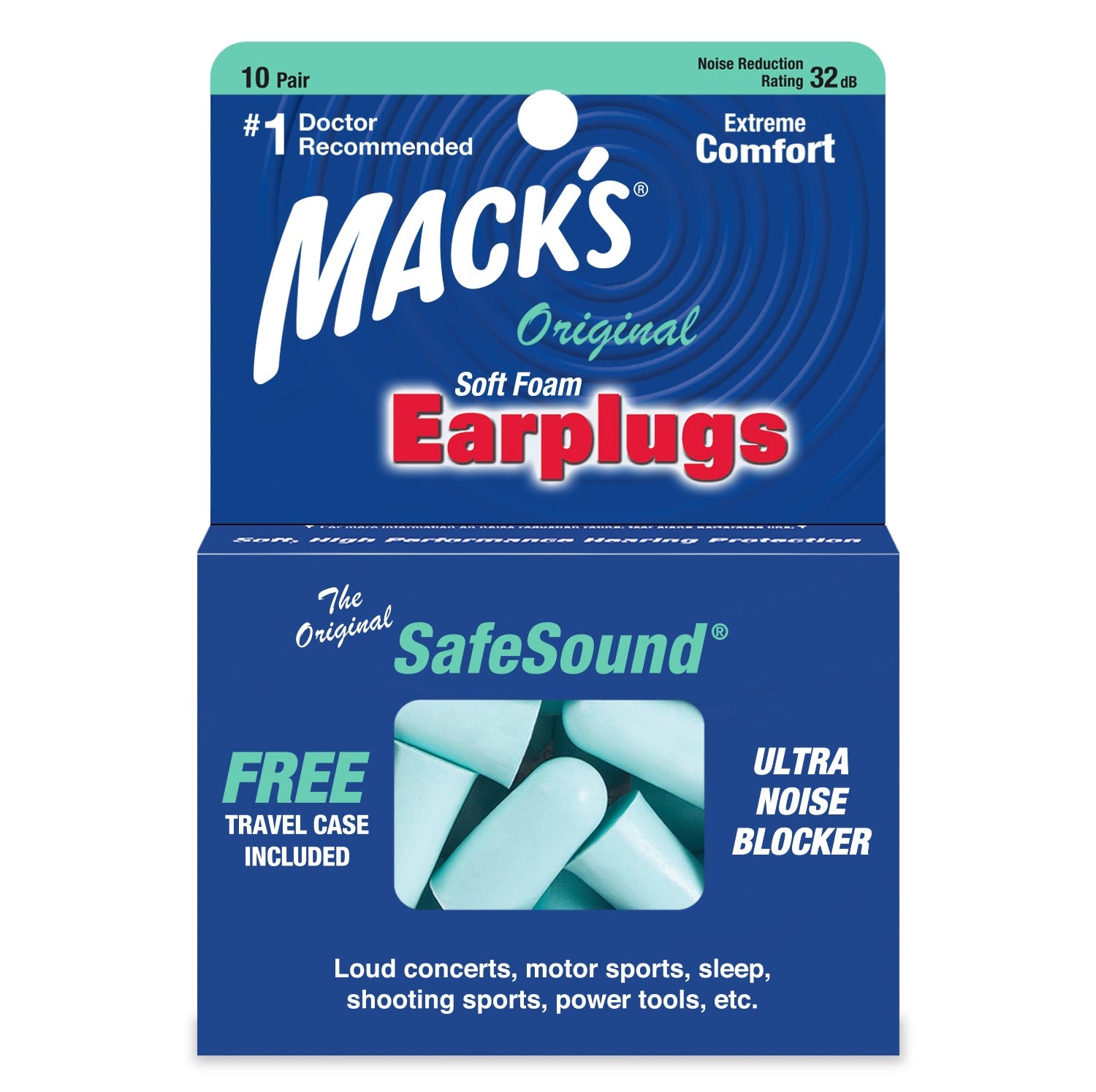 Original Soft Foam Earplugs Earplugs Mack's 10 Pairs + Travel Case