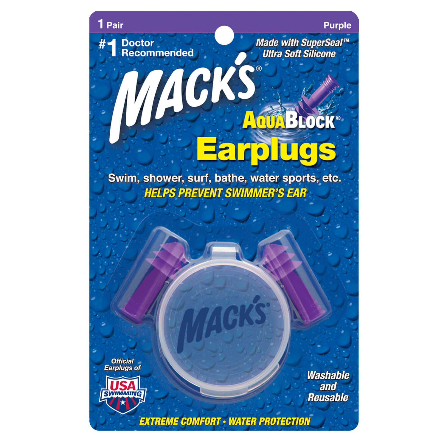 Aqua Block Ear Plugs Earplugs Mack's 1 Pair (Purple) + Storage Case