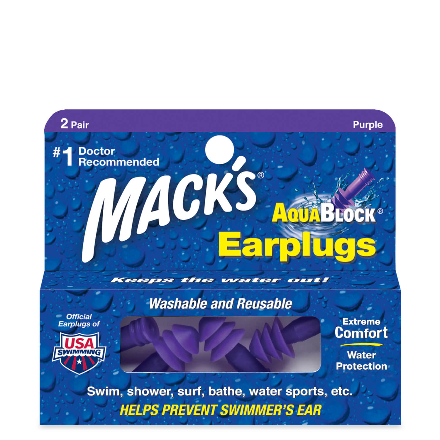 Aqua Block Ear Plugs Earplugs Mack's 2 Pairs (Purple) + Storage Case