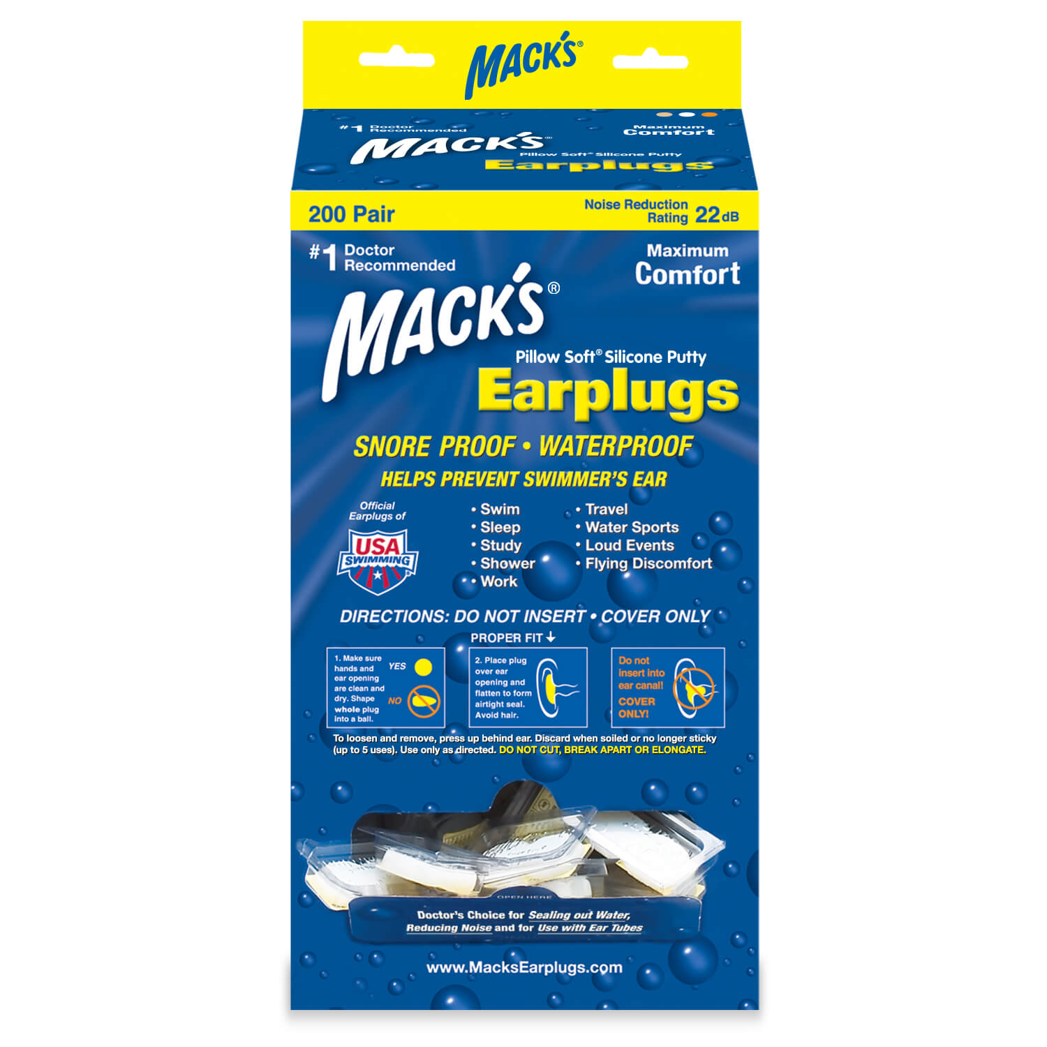 Mack's Original Silicone Earplugs - 200 Pair Dispenser, Moldable For Sleeping, Swimming, Concerts, Travel & Noise Reduction