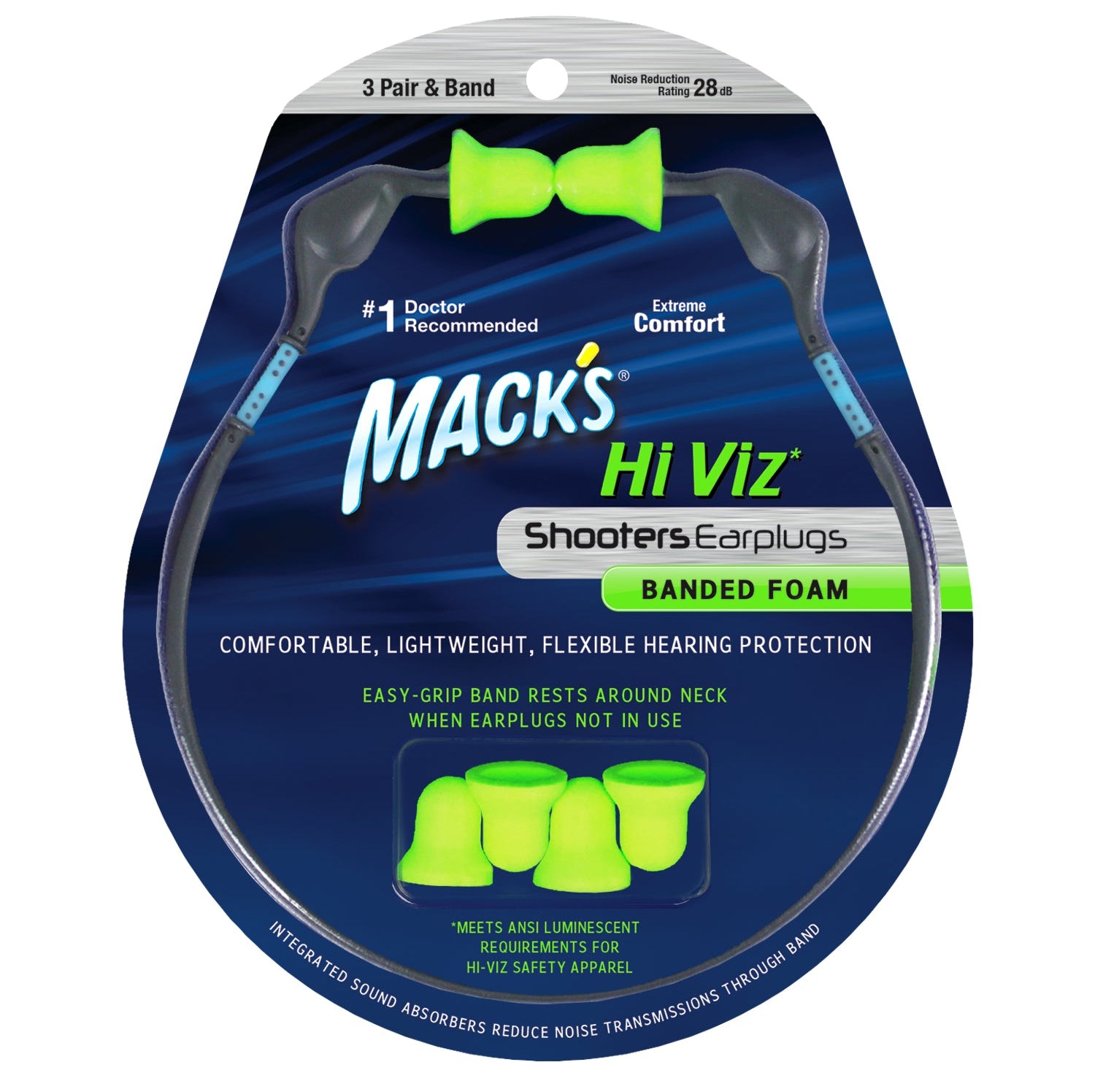 Hi Viz Banded Foam Shooting Earplugs, 3 Pair with Band - 28dB High NRR Earplugs Mack's