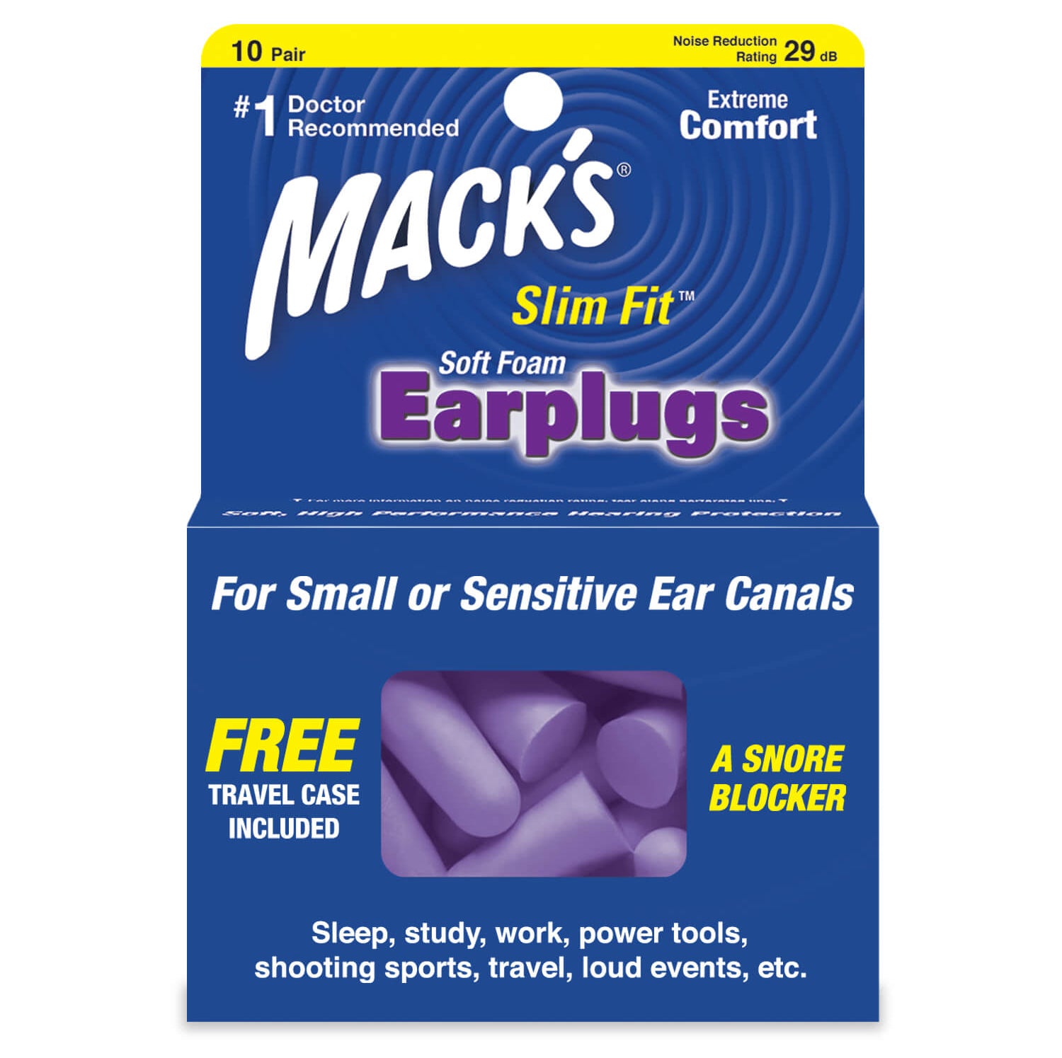 Safesound Soft Foam Slim Fit Earplugs Earplugs Mack's 10 Pairs + Travel Case