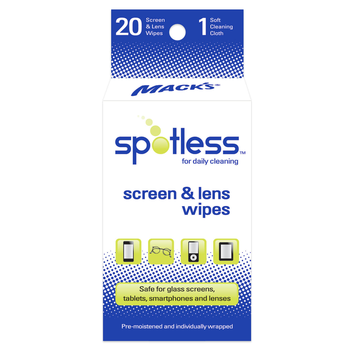 Spotless Screen and Lens Wipes (Pack of 20) - White/Blue Screen & Lens Wipes Mack's