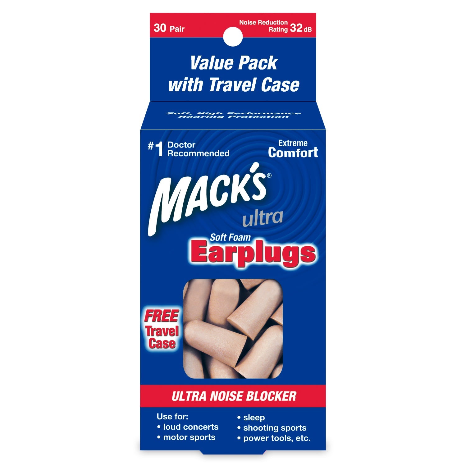 High Performance Ultra Soft Foam Earplugs Earplugs Mack's 30 Pairs + Travel Case