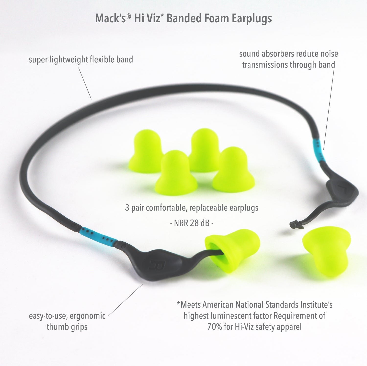 Hi Viz Banded Foam Shooting Earplugs, 3 Pair with Band - 28dB High NRR Earplugs Mack's