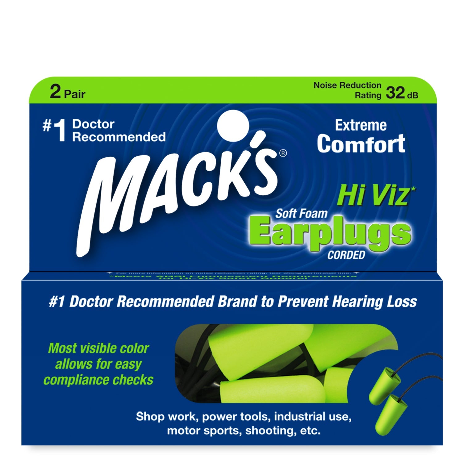 Hi Viz Soft Foam Ear Plugs Earplugs Mack's 2 Pairs Corded + Travel Case