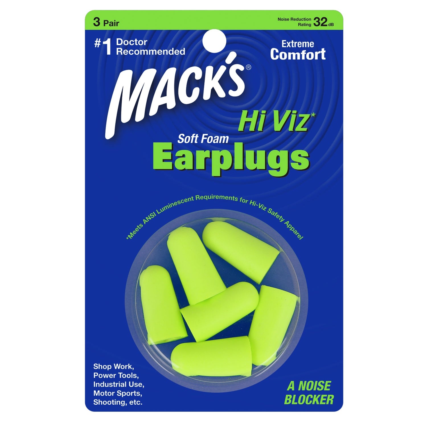 Hi Viz Soft Foam Ear Plugs Earplugs Mack's 3 Pairs