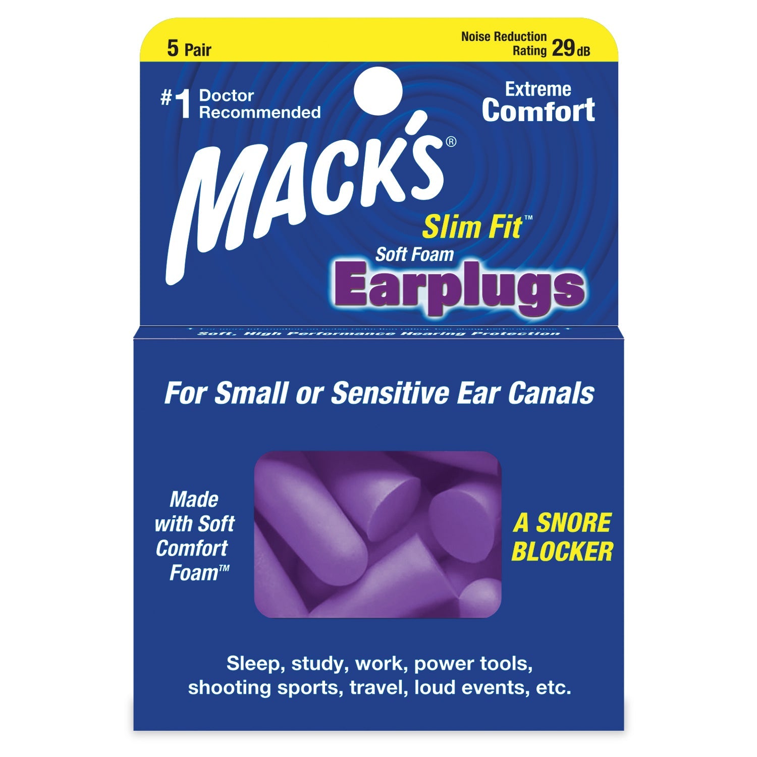 Safesound Soft Foam Slim Fit Earplugs Earplugs Mack's 5 Pairs  