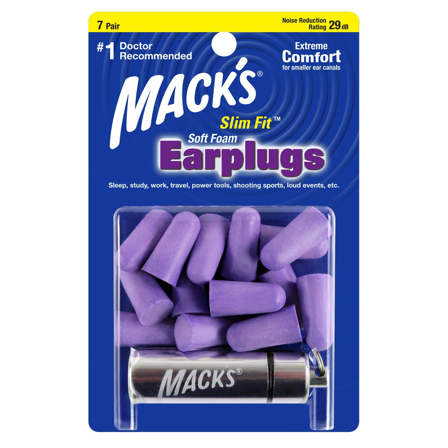 Safesound Soft Foam Slim Fit Earplugs Earplugs Mack's 7 Pairs + Travel Case  