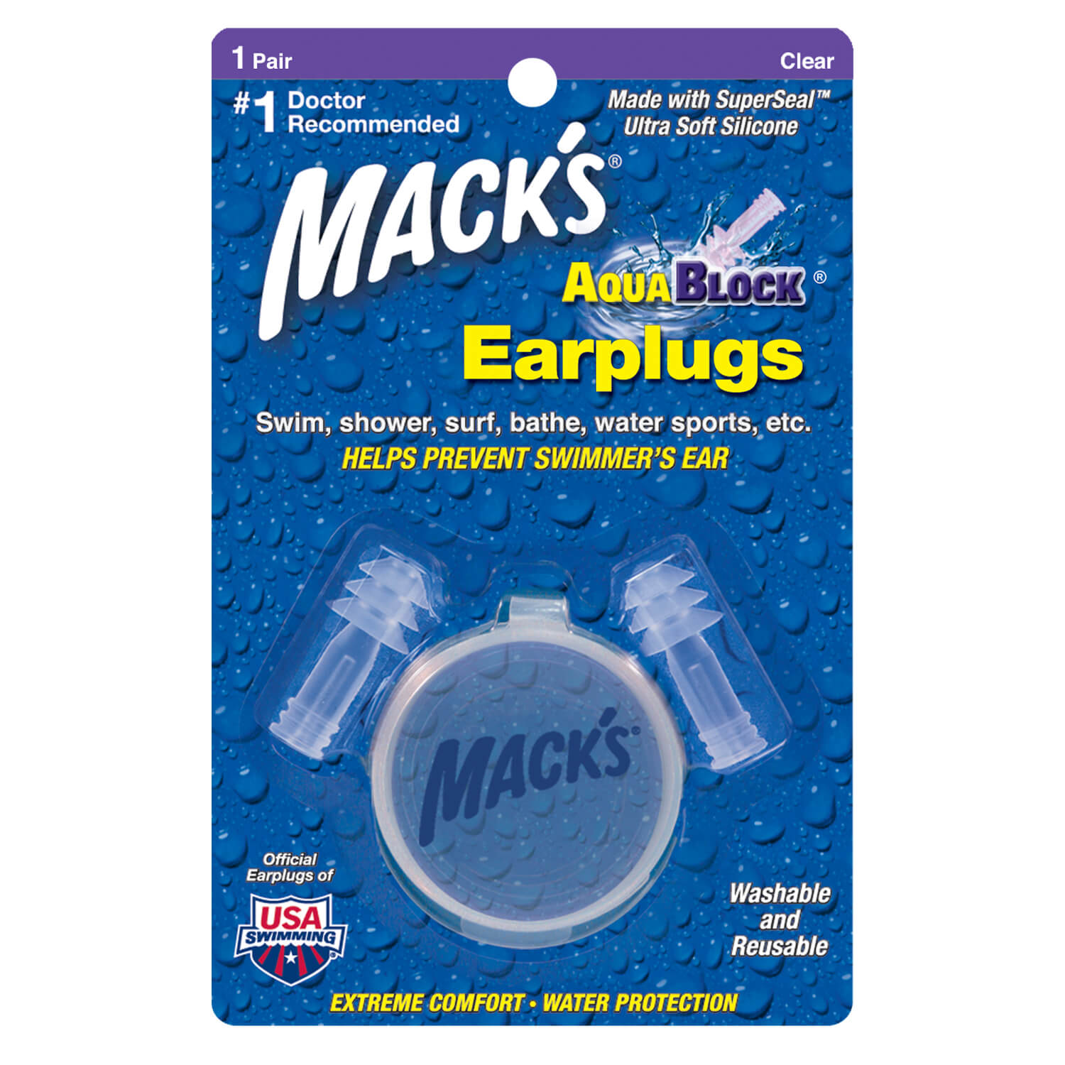 Aqua Block Ear Plugs Earplugs Mack's 1 Pair (Clear) + Storage Case  