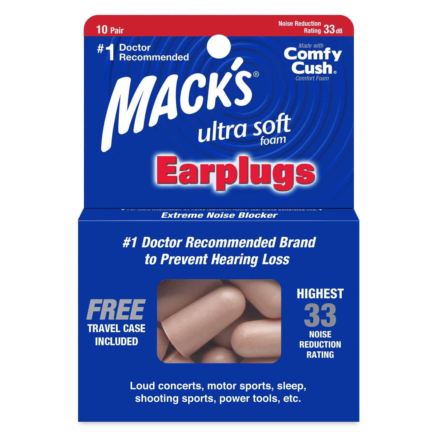 High Performance Ultra Soft Foam Earplugs Earplugs Mack's 7 Pairs + Travel Case  