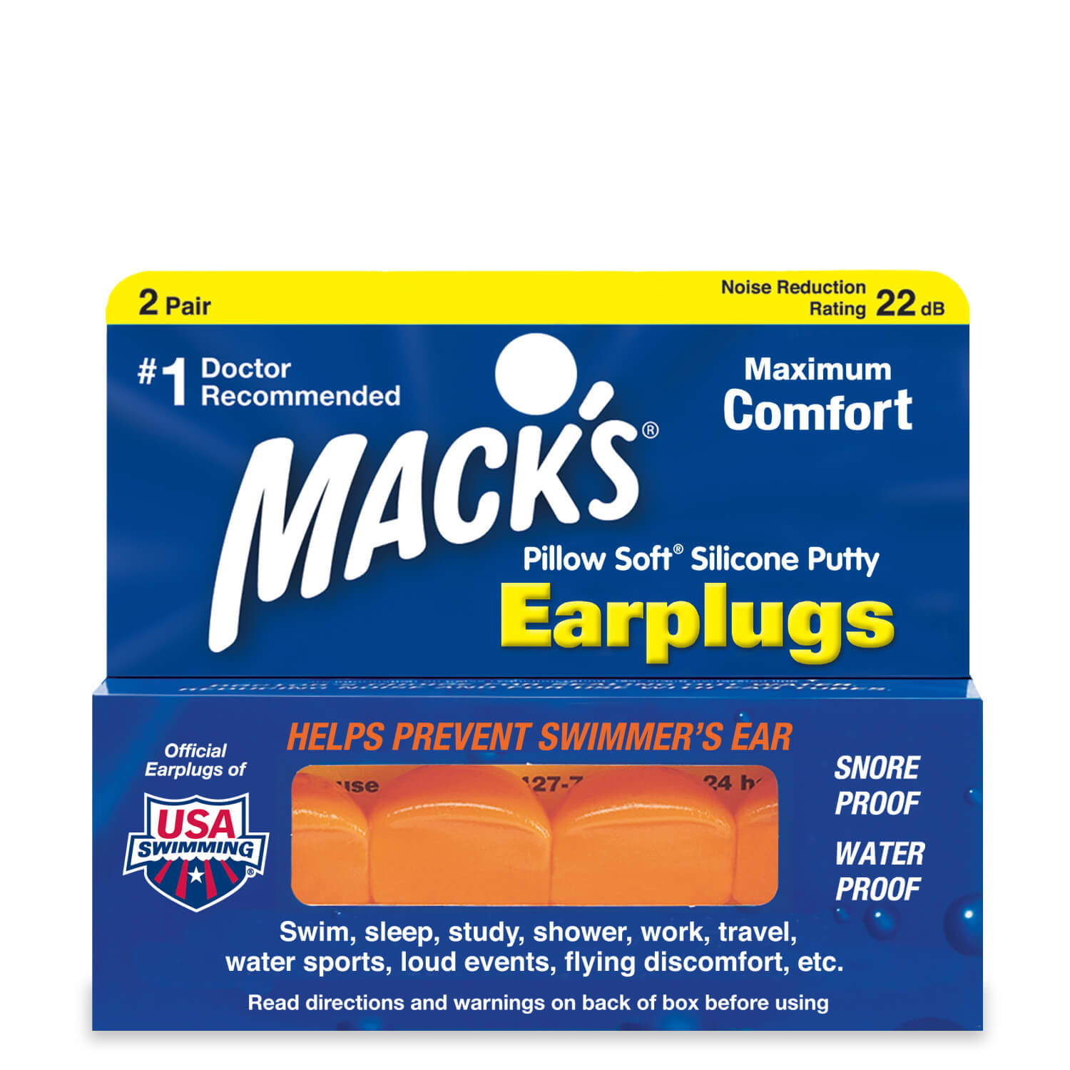 Pillow Soft Silicone Putty Earplugs Earplugs Mack's 2 Pairs (Orange)  